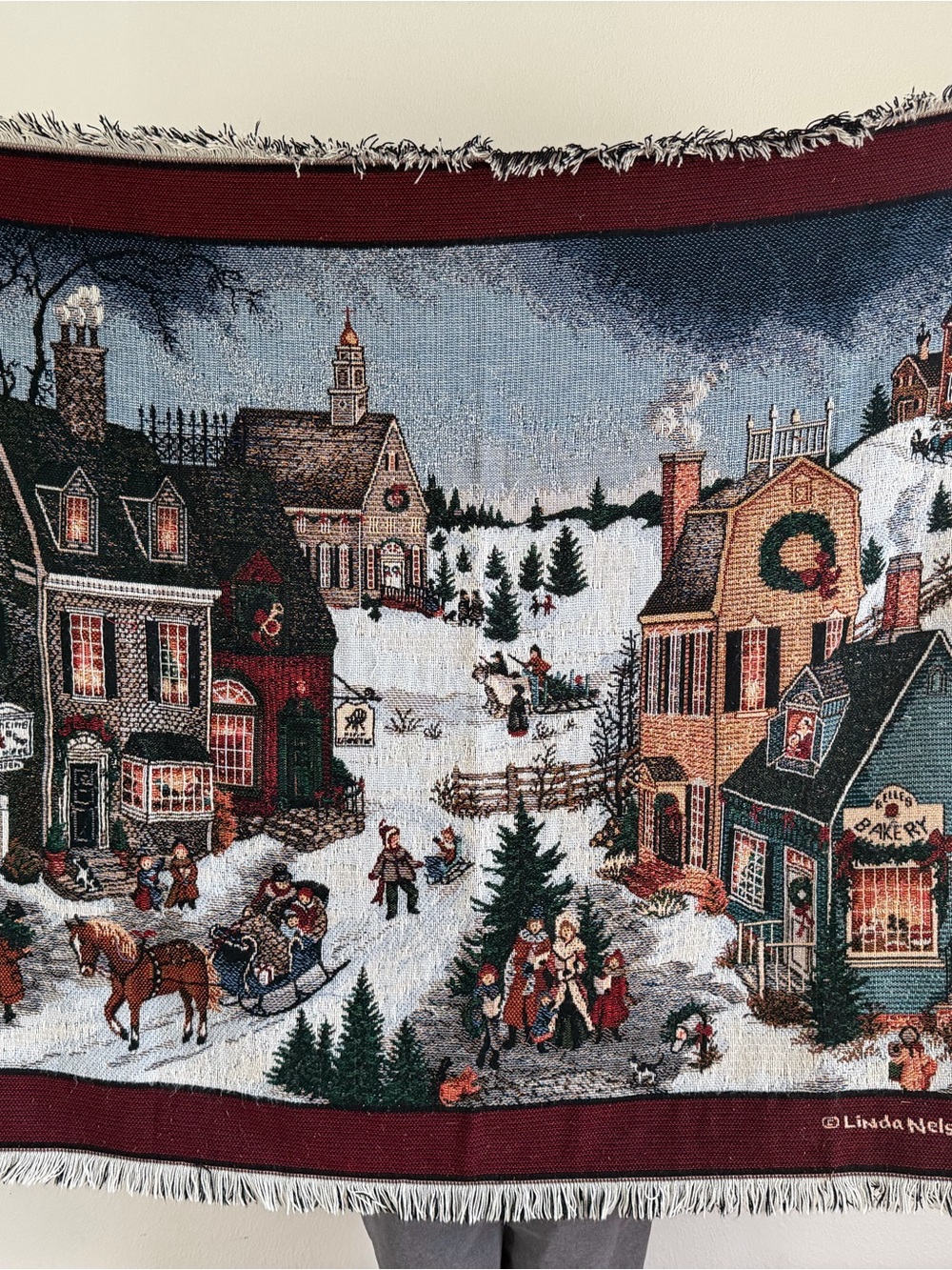 Tapestry Throw Blanket Linda Nelson Stocks Christmas Snow Town  Goodwin Weaver